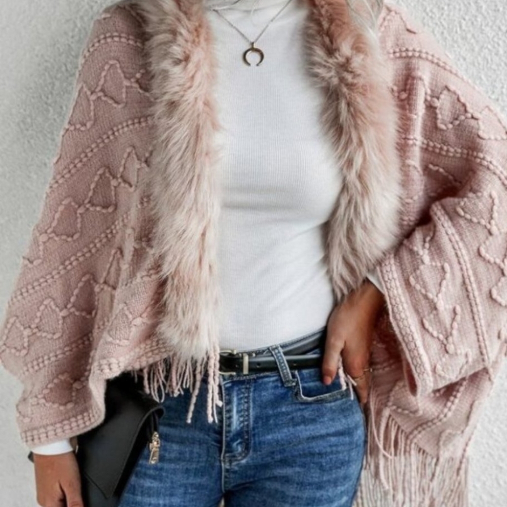 Pink Knit Sweater with Faux Fur Trim